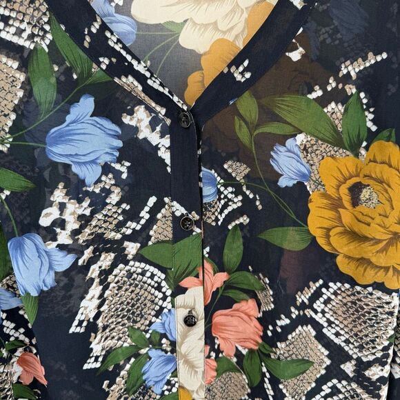 Cabi Snake Charmer Floral Sheer Blouse Long Puff Sleeves Navy Women Small 3762 - Picture 2 of 10